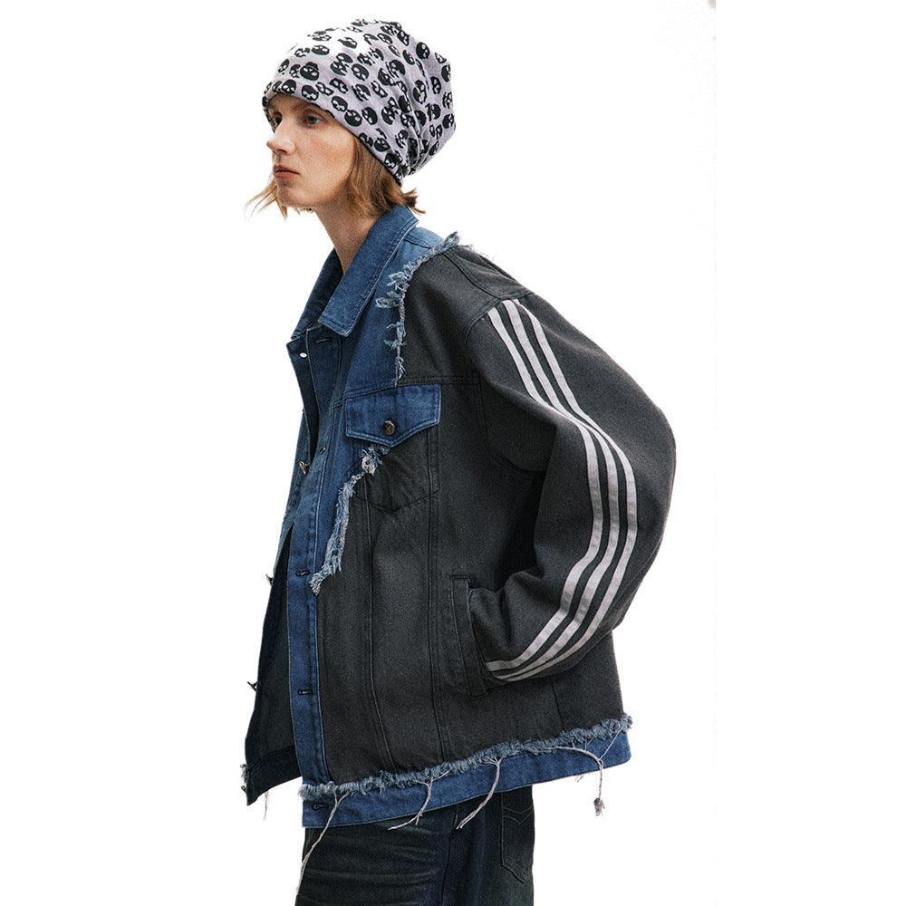 Irregular Patchwork Coat – Color Contrast Design - MRC STORETopMRC STOREA person wearing an irregular patchwork coat with color contrasts, featuring a denim blue and black design.MRC STORECJXZ211155102BYBlueL