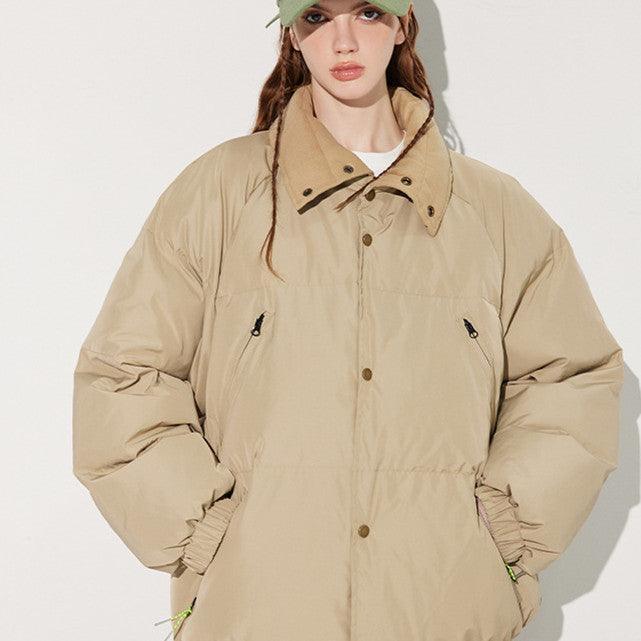 American Retro Pure Color Short Down Coat - MRC STORETopMRC STOREA person wearing a beige short down coat with a round neckline, button details, and a green hat.MRC STORECJPK210977106FUBrownL