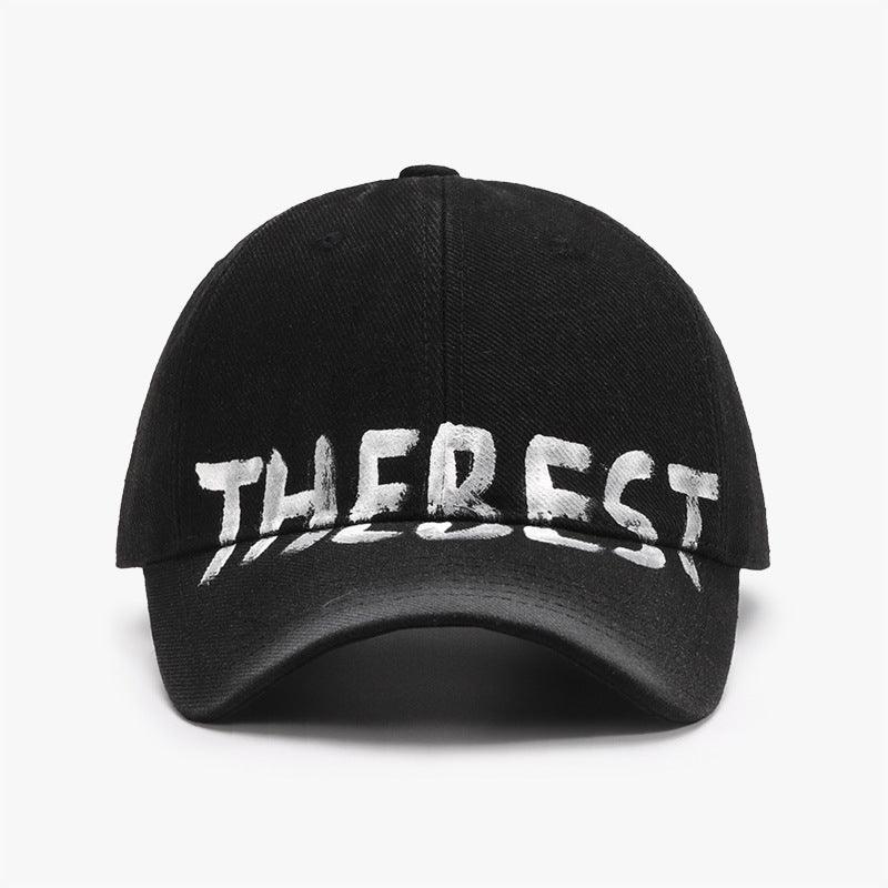 Gray and blue Letter Graffiti curved brim soft top cap, adjustable accessories hat with bold letter design.