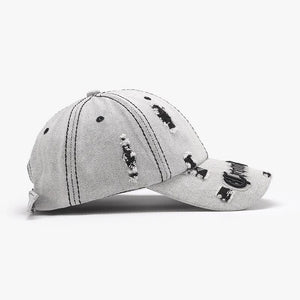 Black adjustable cotton dome hat with ripped letter print embroidery, matching accessories from My Store.