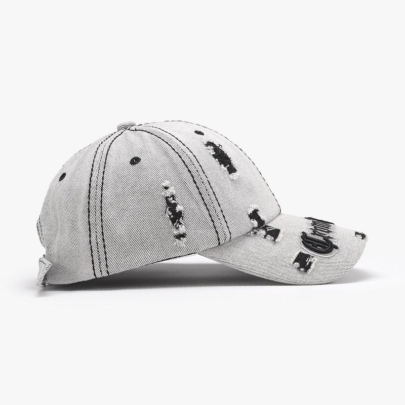 Black adjustable cotton dome hat with ripped letter print embroidery, matching accessories from My Store.