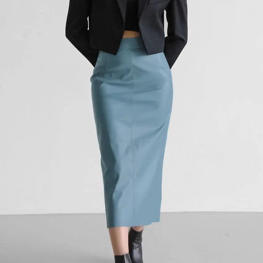 Black French fashion slit leather skirt from My Store, stylish bottoms with a sleek design and fashionable slit detail.