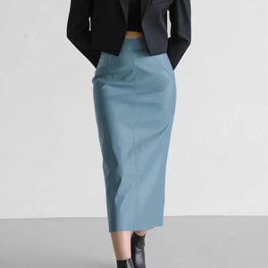 Black French fashion slit leather skirt from My Store, stylish bottoms with a sleek design and fashionable slit detail.