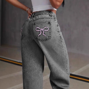 Vintage Bow Embroidered Washed Jeans for Women - Straight Loose Trousers - MRC STOREbottomsMy StoreVintage Bow Embroidered Washed Jeans for Women - Straight Loose Trousers My Store MRC STORECJNZ232842103CXWashed GrayL