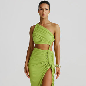 One - Shoulder Dress - Backless Ruched Long - MRC STOREDressMy StoreWoman wearing a green one - shoulder dress with a slit on a plain backgroundMRC STORECJLY242112312LOGreenL