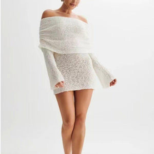 Women’s Off - Shoulder Short Dress – Hollow - Out, Long Sleeve - MRC STOREDressMy StoreWomen’s Off Shoulder Hollow Out Short Dress – Stylish Long Sleeved sequin Mini Skirt - MRC STOREMRC STORECJLY225983406FUWhiteL