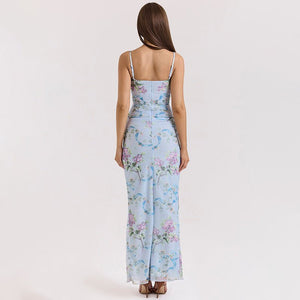 Lace Dress - Floral Sling Slim Waist - MRC STOREDressMy StoreA woman's blue floral lace dress with a sling neckline, sleeveless design, and a high waist. The dress features a grid - like lace pattern and a split at the front.MRC STORECJLY235229503CXBlueL