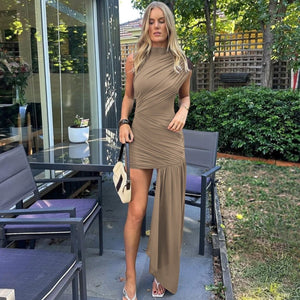 Women's Fashion Slim Round Neck Pleated Dress - Mid Waist - MRC STOREDressMy StoreWomen's Fashion Slim Round Neck Pleated Dress - Mid Waist My Store MRC STORECJLY232932306FUKhakiL