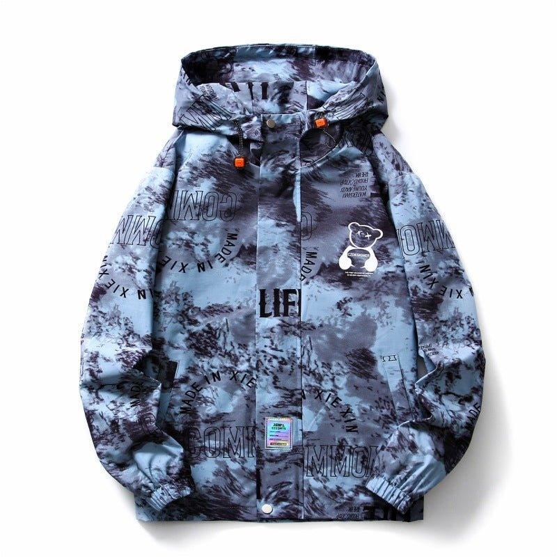 Men's fall winter hooded jacket with splash-ink bear print, blue color, and 2XL size, stylish and warm for cold weather.