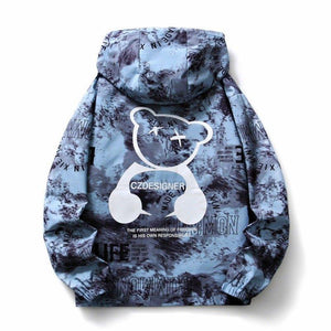 Men's fall winter hooded jacket with splash ink bear print, blue color, and 2XL size, stylish and warm outerwear for cold weather.