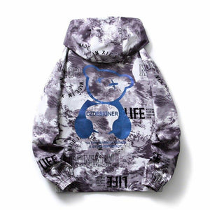 Men's fall winter hooded jacket with splash-ink bear print, blue color, thick fabric, and cozy design for cold weather.