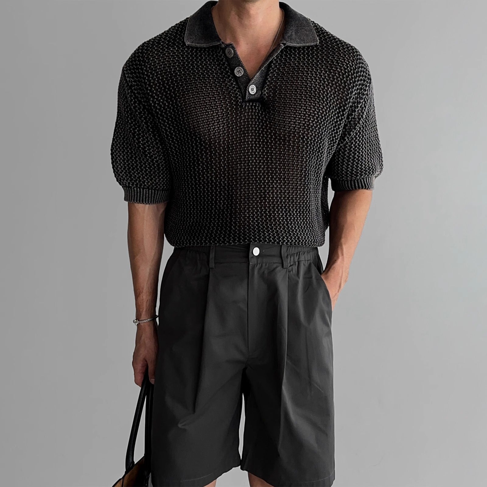 Polo Shirt - Honeycomb Knitted Short Sleeve - MRC STOREshirtMy StorePerson wearing a black textured sweater and black shorts on a gray backgroundMRC STORECJYH235045907GTBlackL
