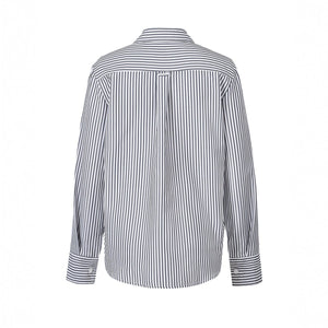 Women’s striped gray and white loose cardigan shirt with contrast design, perfect for casual wear and layered styling.
