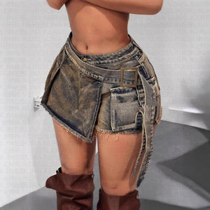 Sea blue women's denim skirt with low waist and irregular hem, styled as casual shorts with a relaxed fit.