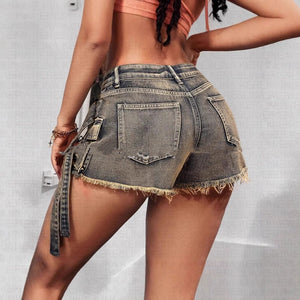 Sea blue women's denim skirt with low waist and irregular hem, styled as shorts, from My Store.