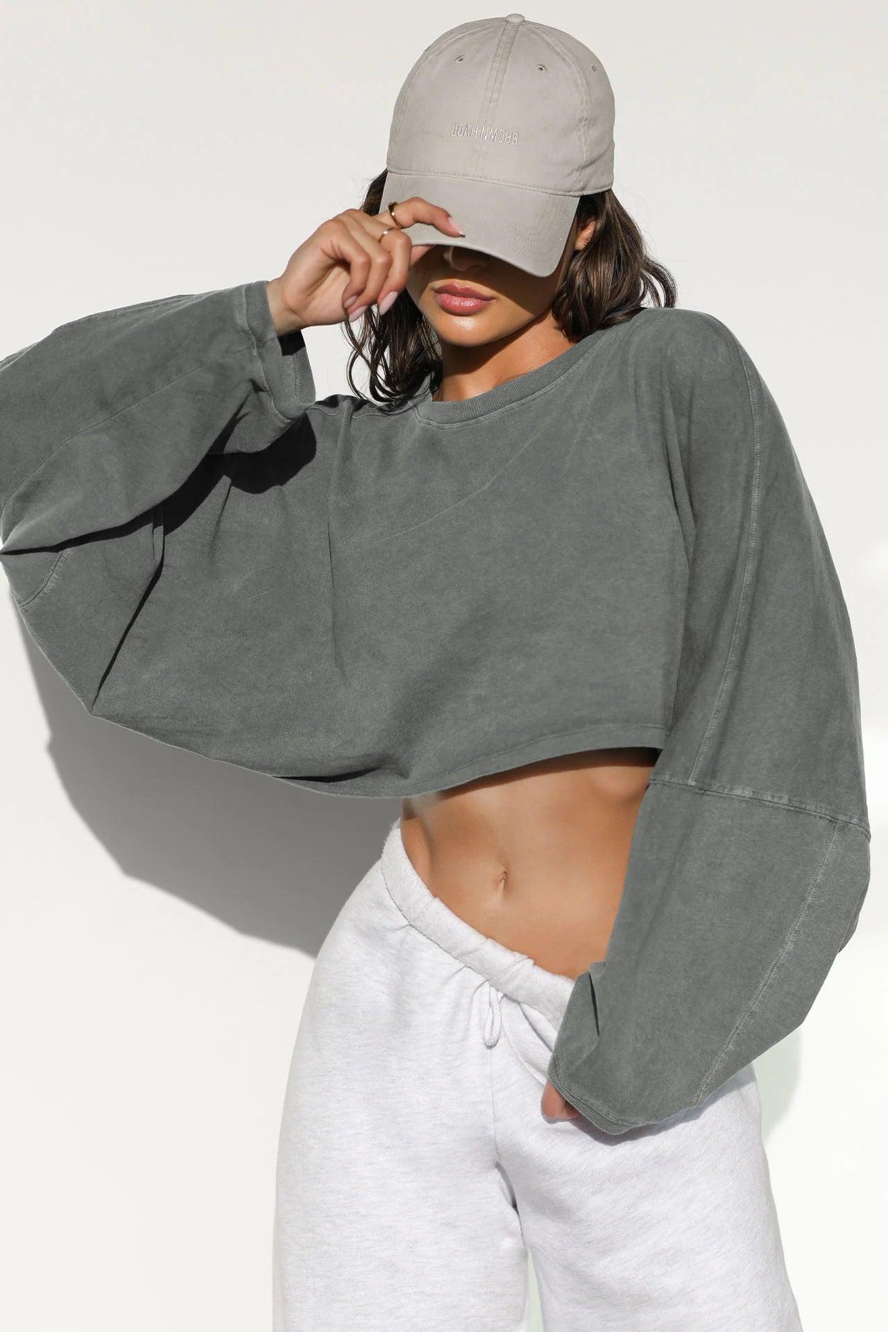 Round Neck Distressed Sweater – Short Sports - MRC STORESweaters & HoodiesMy StoreWomen's Round Neck Distressed Sports Sweater – European & American Short Pullover - MRC STOREMRC STORECJWY215995811KPLight GrayL