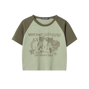 Cat T-Shirt Color Block – Raglan Sleeve, Cropped - MRC STORET-ShirtsMy StoreCat T-Shirt Color Block – Raglan Sleeve, CroppedMRC STORECJCS214354506FUGreen GrayL