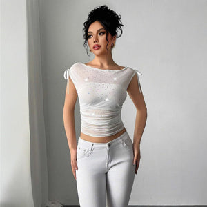 Sequined T-Shirt - Off - Shoulder Mesh - MRC STORET-ShirtsMy StoreWomen’s Sequined T-Shirt - Off - Shoulder Mesh My Store MRC STORECJCS234122003CXWhiteL
