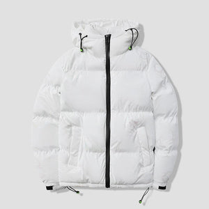 Winter Glossy Hooded Cotton Coat - MRC STORETopMy StoreA glossy black hooded cotton coat with multicolor geometric patterns, zipper front, and side seam pockets.MRC STORECJPK191503408HS8820 WhiteL