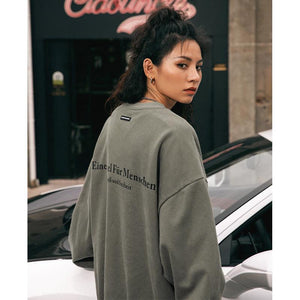 Apricot-colored Retro Print Crew Neck Sweatshirt by My Store, loose fit top with vintage-inspired design and comfortable fit.