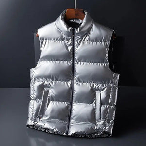Black shiny down cotton fashion vest jacket, stylish top by My Store, shown in 2XL size with a sleek, glossy finish.