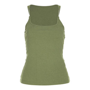 Black women's Y2K camisole top with slim U-neck design, stylish vest for casual and trendy outfits.