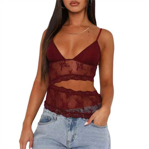Backless Tank Top - Lace V Neck Sling - MRC STORETopMy StoreA woman wearing a red backless tank top with a lace V - neck and sling sleeves, paired with a casual outfit.MRC STORECJQB228000403CXWine RedL