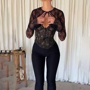 Black Lace Corset Top - Sheer Long Sleeve Slim - Fit with Delicate Embroidery - MRC STORETopMy StoreBlack Lace Corset Top - Sheer Long Sleeve Slim - Fit with Delicate Embroidery - MRC STOREMRC STORECJQB216324203CXBlackL