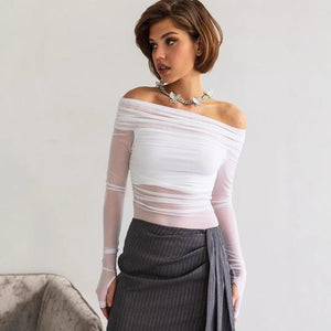 Off - Neck Mesh Slim Fit Top – Long Sleeve - MRC STORETopMy StoreWomen's Solid Color Slim - Fit Off - Neck Mesh Top – Street Fashion Long Sleeve Pullover - MRC STOREMRC STORECJCS227039203CXBlackL