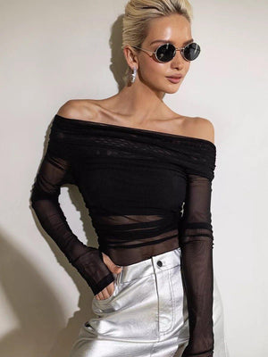 Off - Neck Mesh Slim Fit Top – Long Sleeve - MRC STORETopMy StoreWomen's Solid Color Slim - Fit Off - Neck Mesh Top – Street Fashion Long Sleeve Pullover - MRC STOREMRC STORECJCS227039206FUWhiteL