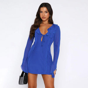 Ruffled V - neck Lace - up Long - sleeved Y2K Dress for Women - MRC STORETopMy StoreRuffled V - neck Lace - up Long - sleeved Y2K Dress for Women - MRC STOREMRC STORECJLY211358509IRWine RedL
