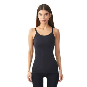 Black seamless shaping camisole top from My Store, close-up of smooth fabric and fitted design for a sleek silhouette.