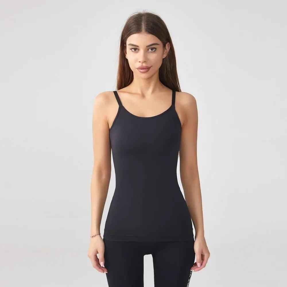 Black seamless shaping camisole top from My Store, close-up view showing smooth fabric and fitted design for shaping and support.