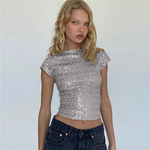 Black women's casual short sequin top by My Store, featuring a shiny, sparkling design perfect for stylish occasions.