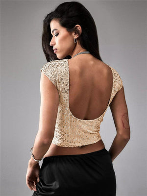 Black women's casual short sequin top by My Store, featuring a shiny, sparkling design and comfortable fit.