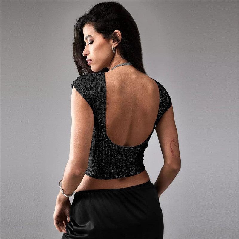 Black women's casual short sequin top with shine and sparkle, perfect for stylish everyday wear.