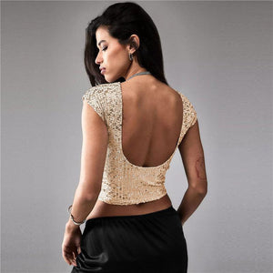 Black women's casual short sequin top, stylish and shiny, featuring a comfortable fit and trendy design.