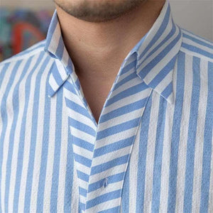 Blue breathable seersucker striped long-sleeved shirt top from My Store, showcasing lightweight fabric and classic stripe design.