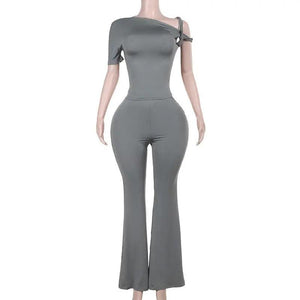 Gray chic hollow-out trousers from My Store, featuring stylish cutouts and a modern top design, perfect for trendy fashion looks.
