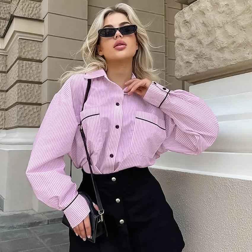 Striped loose top from My Store featuring a relaxed fit and casual style, with vertical stripe pattern in various colors.