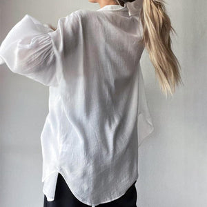 White summer shirt with lantern sleeves and transparent fabric, stylish top by My Store, perfect for warm weather.