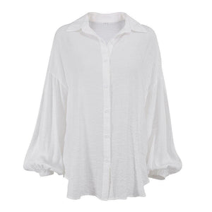 White summer lantern sleeve transparent top, stylish lightweight shirt with flowy sleeves, perfect for warm weather.