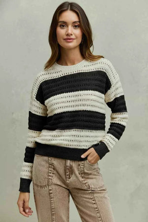 Cream and black openwork wide stripe textured sweater pullover by Trendsi, showcasing a stylish and cozy knit design.