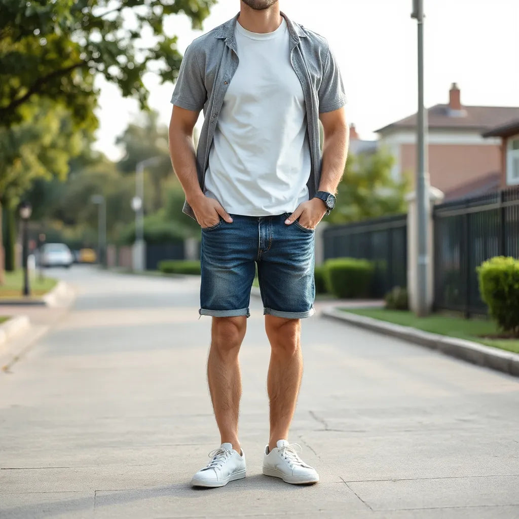 Man wearing classic denim shorts with a fitted t-shirt and sneakers in bright outdoor daylight