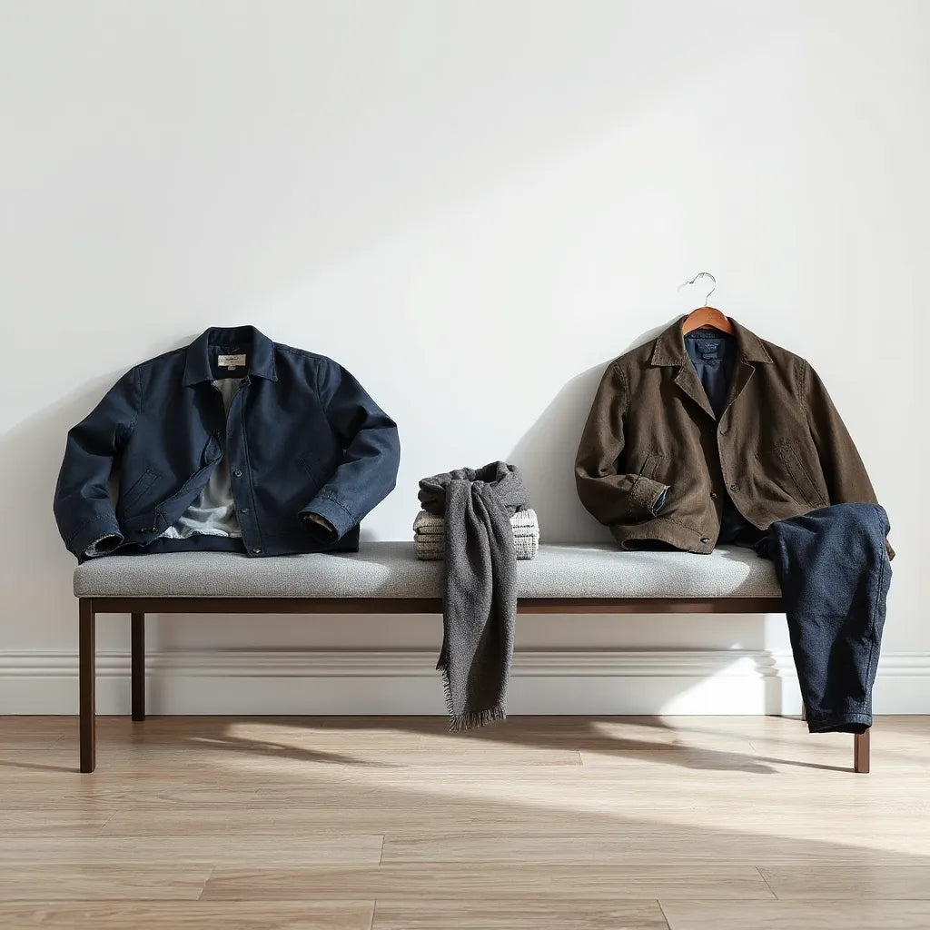 Two men’s jackets in neutral tones laid out with dark jeans and a scarf in soft daylight