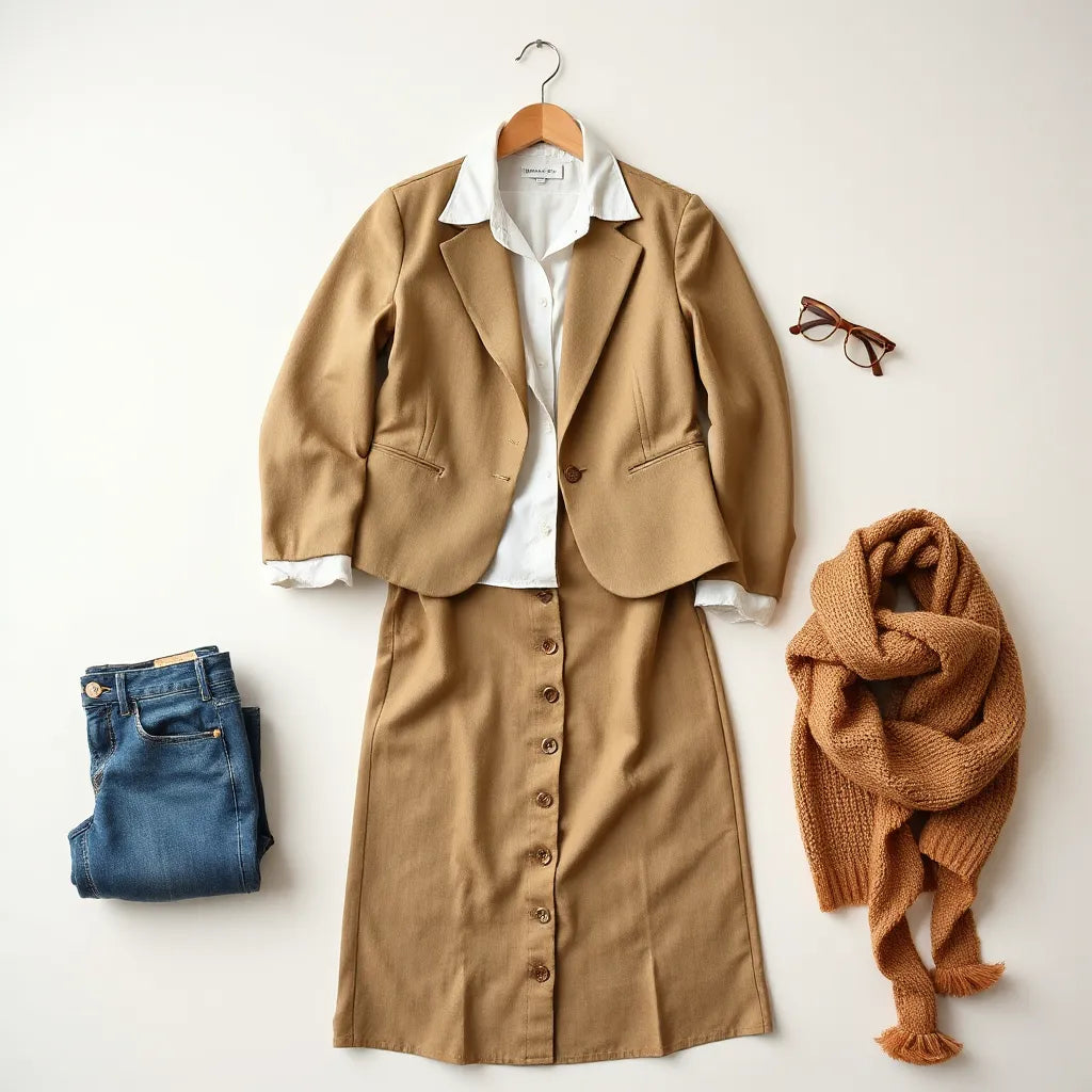 Neatly arranged women’s clothing essentials on a neutral background, including blouse, blazer, dress, jeans, and cardigan.