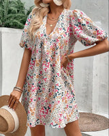 Cute Floral Print V-Neck Puff Sleeve Pleated Casual Loose Dress eprolo 