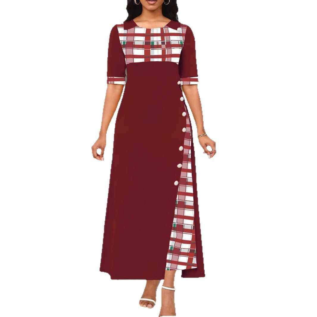 New Style Dress Round Neck Color Block Mid Sleeve Irregular Long Dress