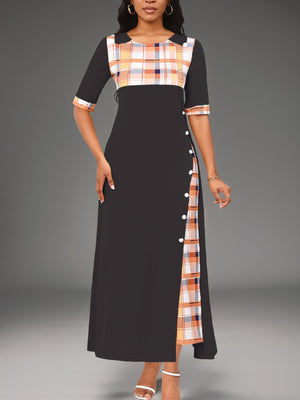 New Style Dress Round Neck Color Block Mid Sleeve Irregular Long Dress eprolo 