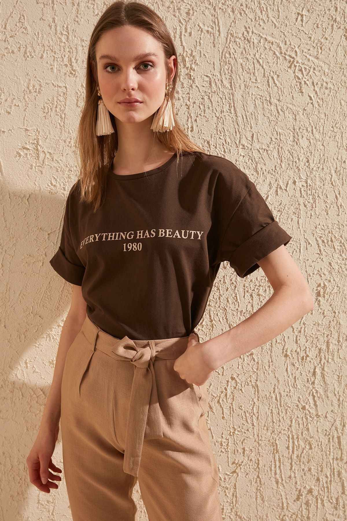 Loose Brown Printed Cotton T-Shirt